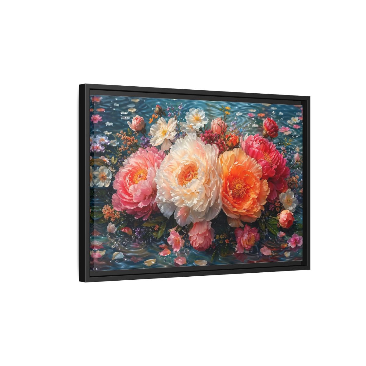 Side Mockup 3. Floral Peonies Vibrant Peony Floral shown as stretched canvas wall art