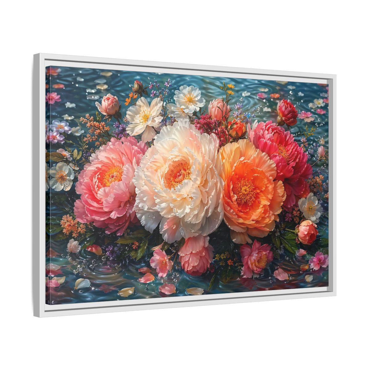 Side Mockup 10. Floral Peonies Vibrant Peony Floral shown as stretched canvas wall art