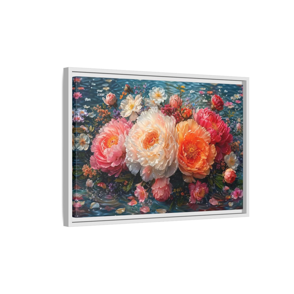 Side Mockup 1. Floral Peonies Vibrant Peony Floral shown as stretched canvas wall art