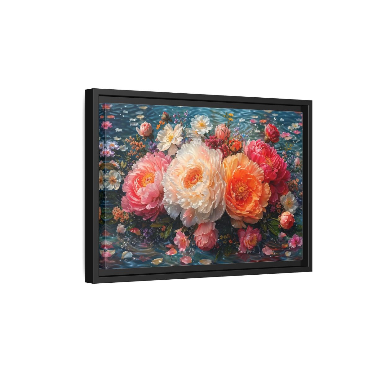 Side Mockup 6. Floral Peonies Vibrant Peony Floral shown as stretched canvas wall art