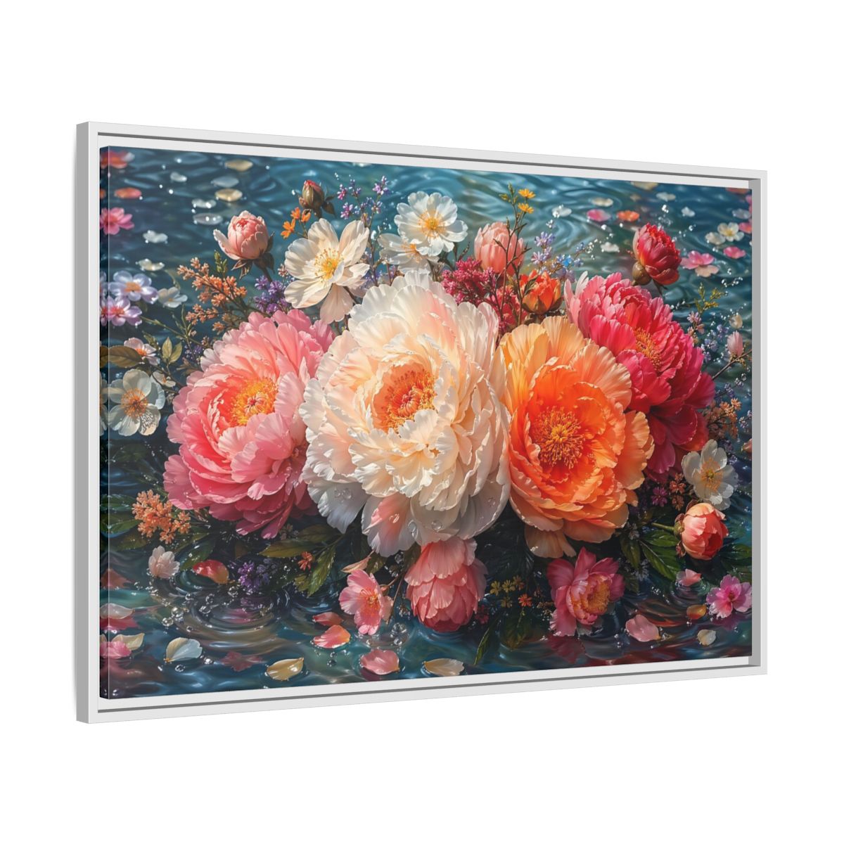 Side Mockup 9. Floral Peonies Vibrant Peony Floral shown as stretched canvas wall art