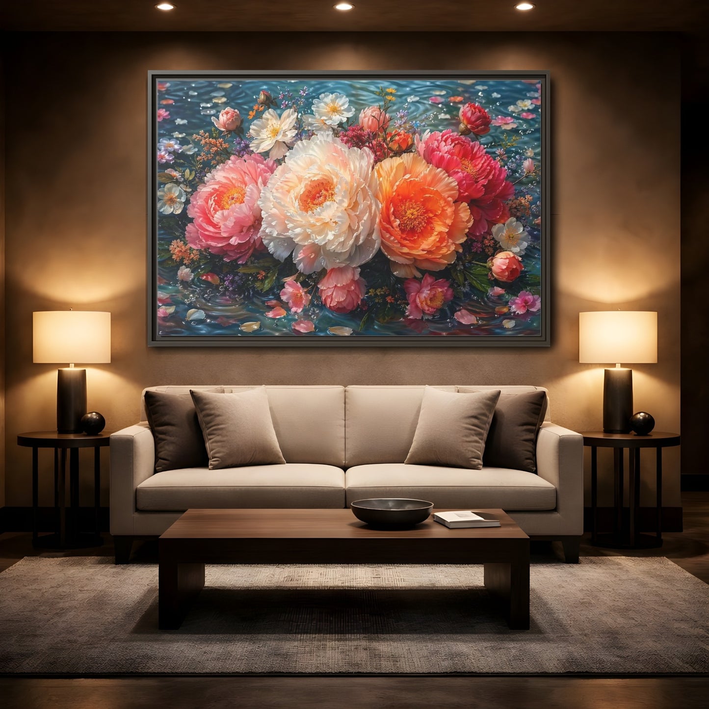 Mockup 2. Floral Peonies Vibrant Peony Floral shown as stretched canvas wall art