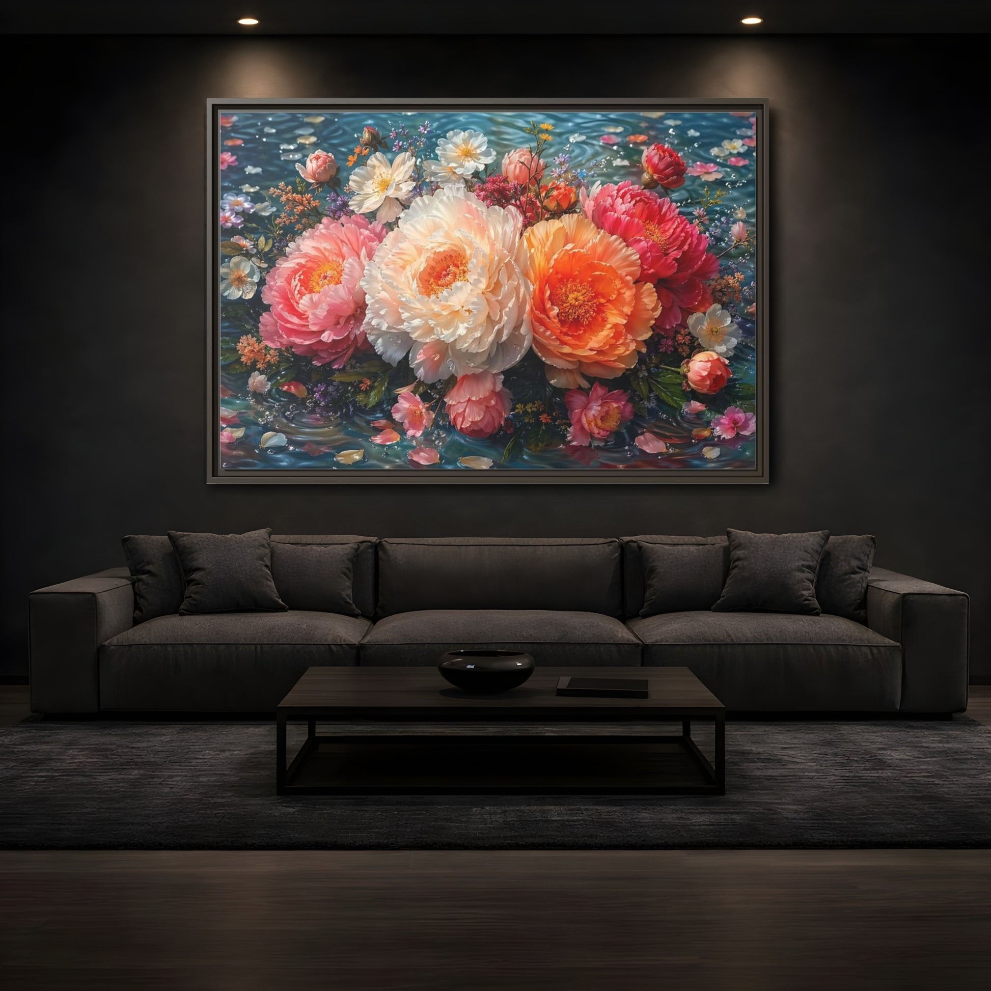Mockup 3. Floral Peonies Vibrant Peony Floral shown as stretched canvas wall art