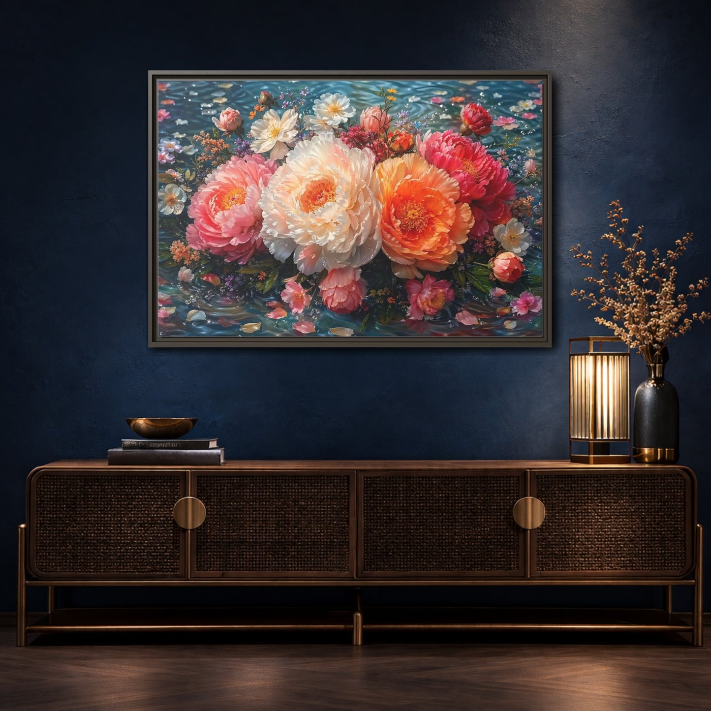 Mockup 4. Floral Peonies Vibrant Peony Floral shown as stretched canvas wall art