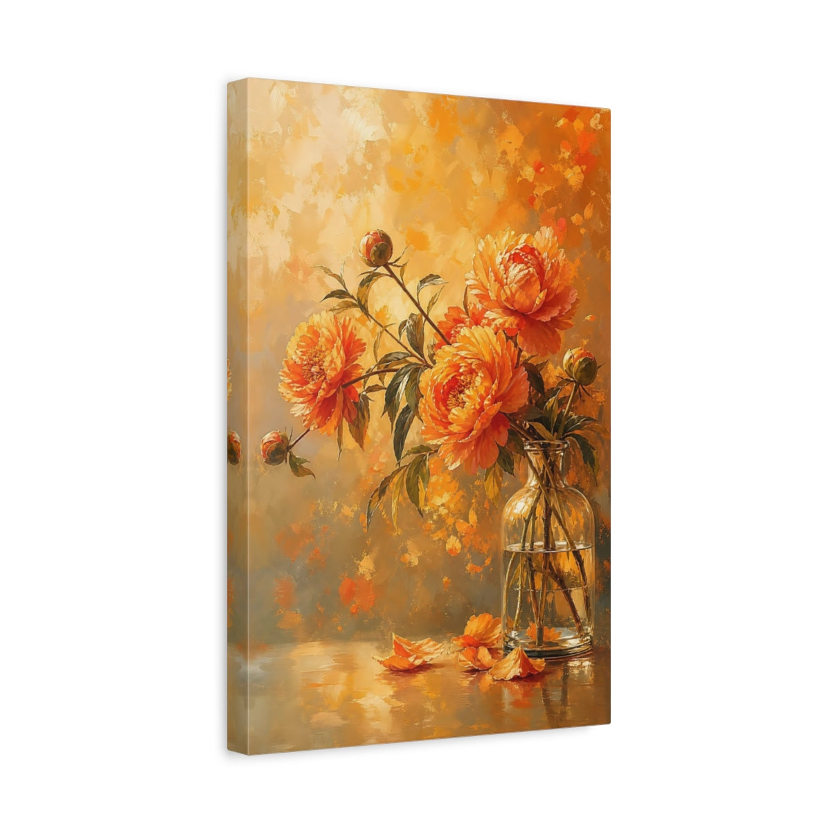 Side Mockup 4. Floral Peonies Warm Orange Floral shown as stretched canvas wall art