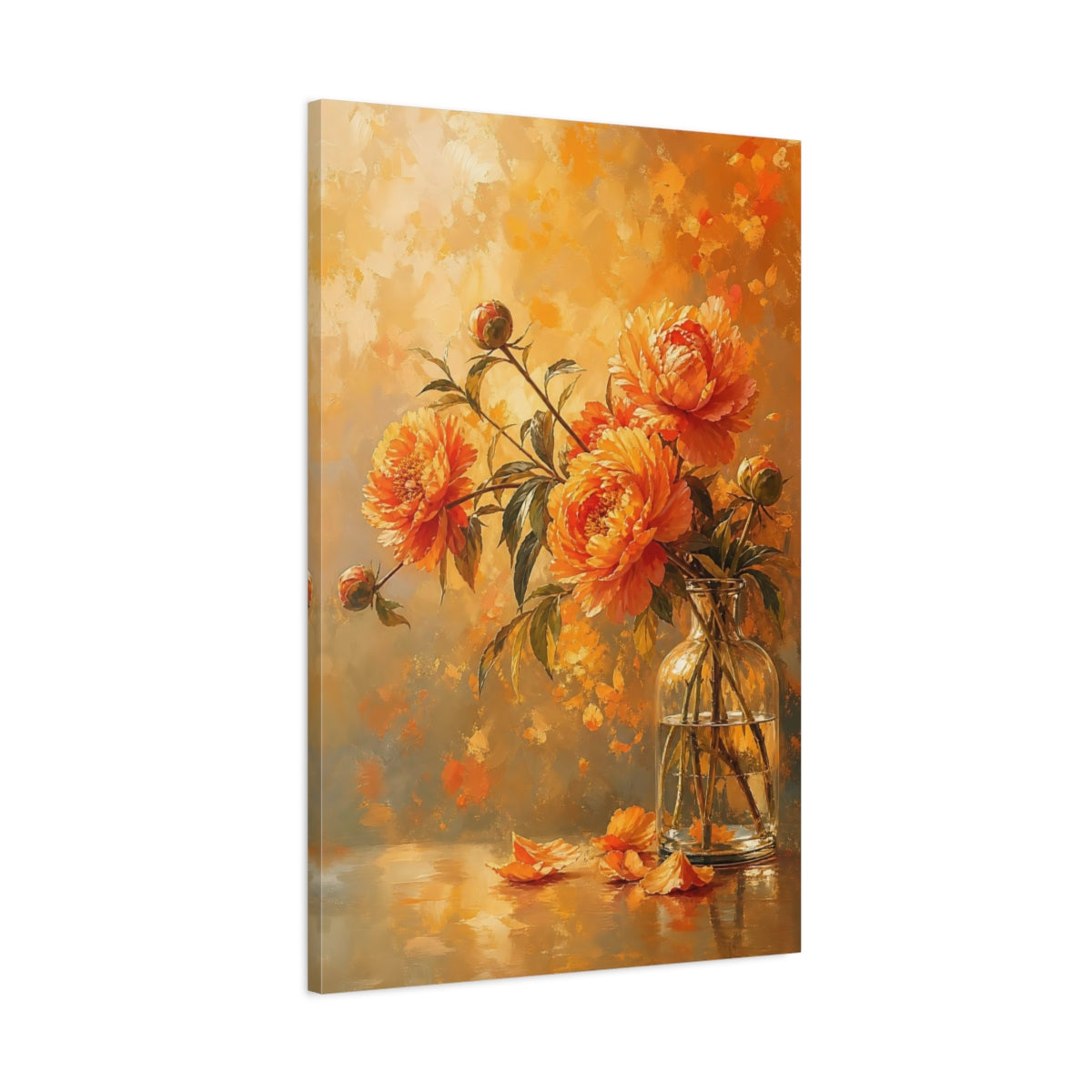 Main Mockup. Floral Peonies Warm Orange Floral shown as stretched canvas wall art