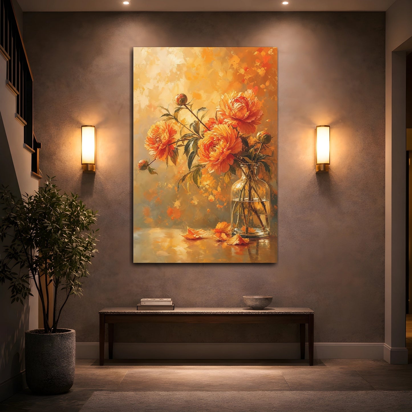Mockup 2. Floral Peonies Warm Orange Floral shown as stretched canvas wall art