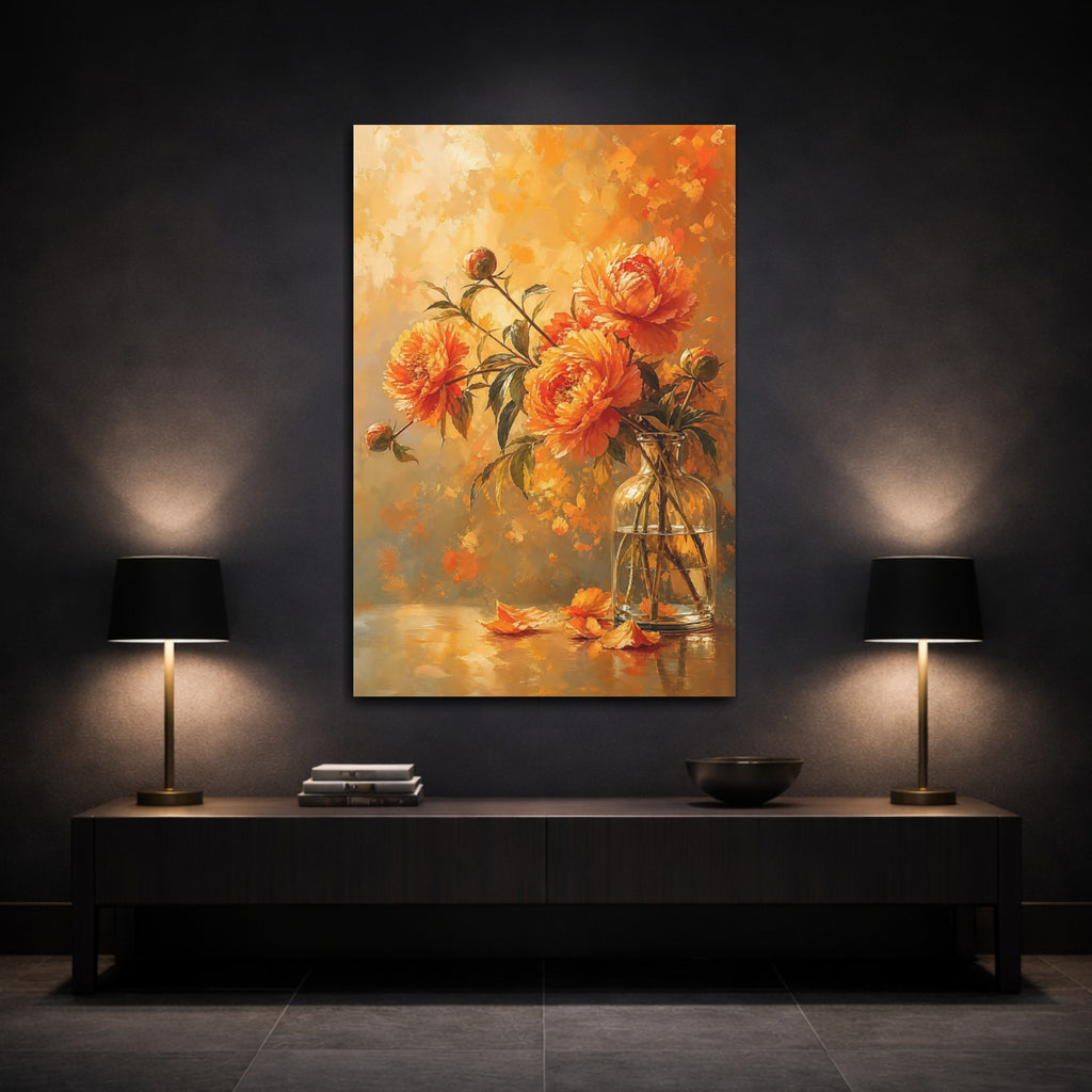 Mockup 3. Floral Peonies Warm Orange Floral shown as stretched canvas wall art