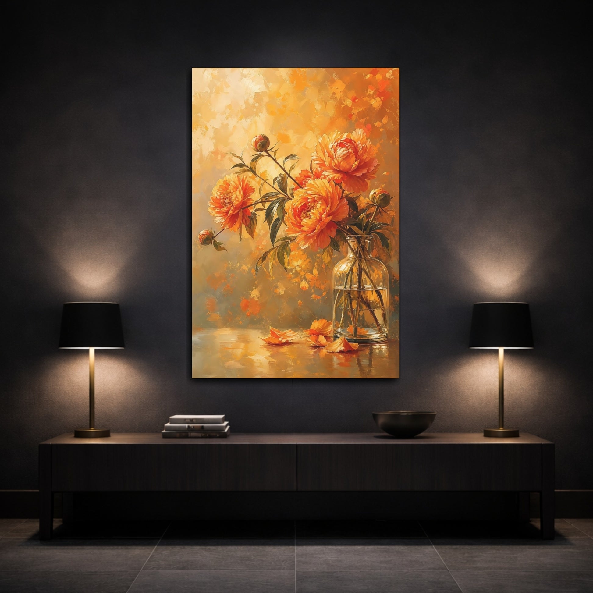Mockup 3. Floral Peonies Warm Orange Floral shown as stretched canvas wall art
