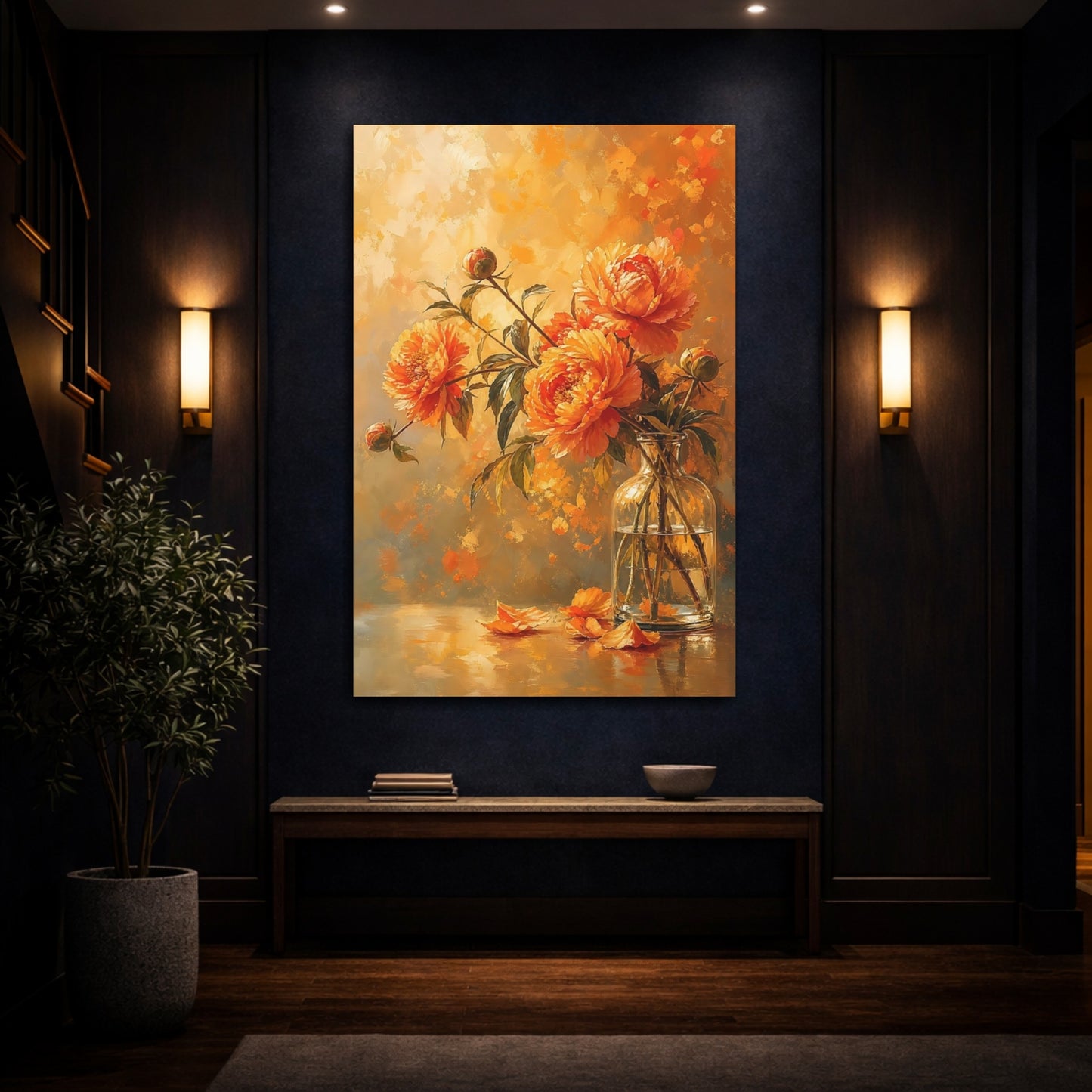 Mockup 4. Floral Peonies Warm Orange Floral shown as stretched canvas wall art