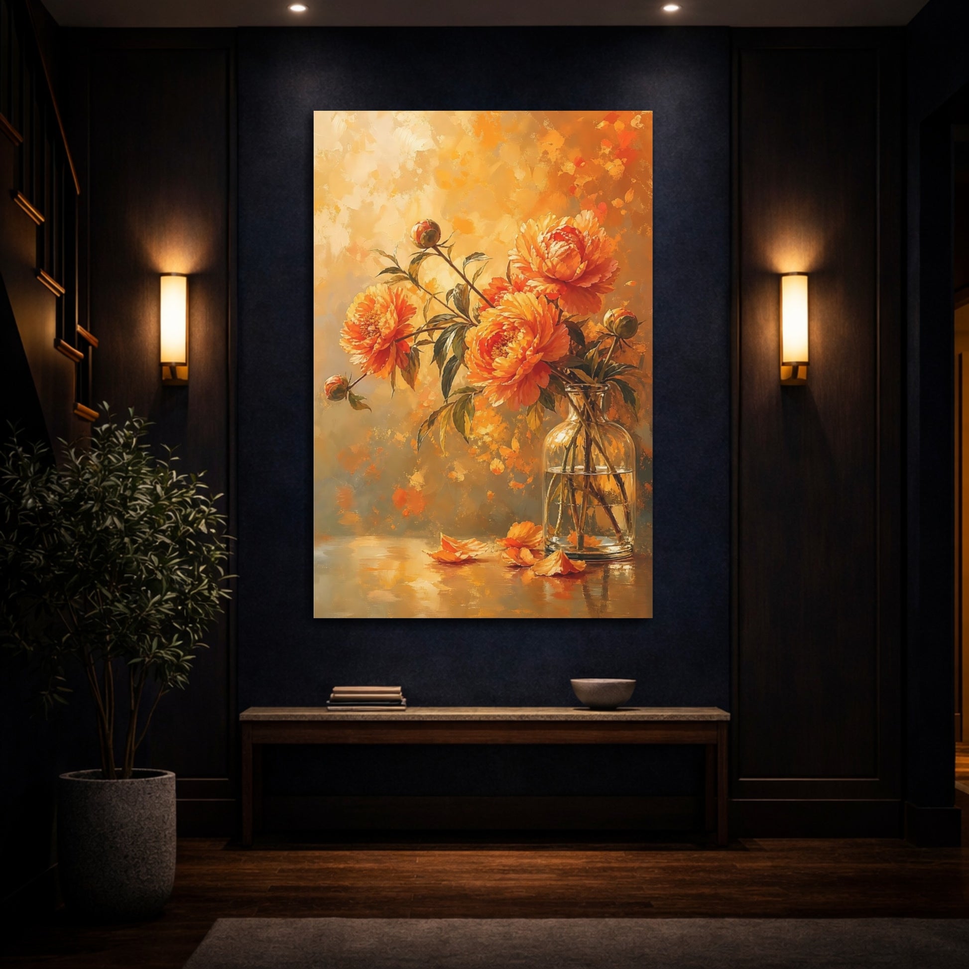 Mockup 4. Floral Peonies Warm Orange Floral shown as stretched canvas wall art