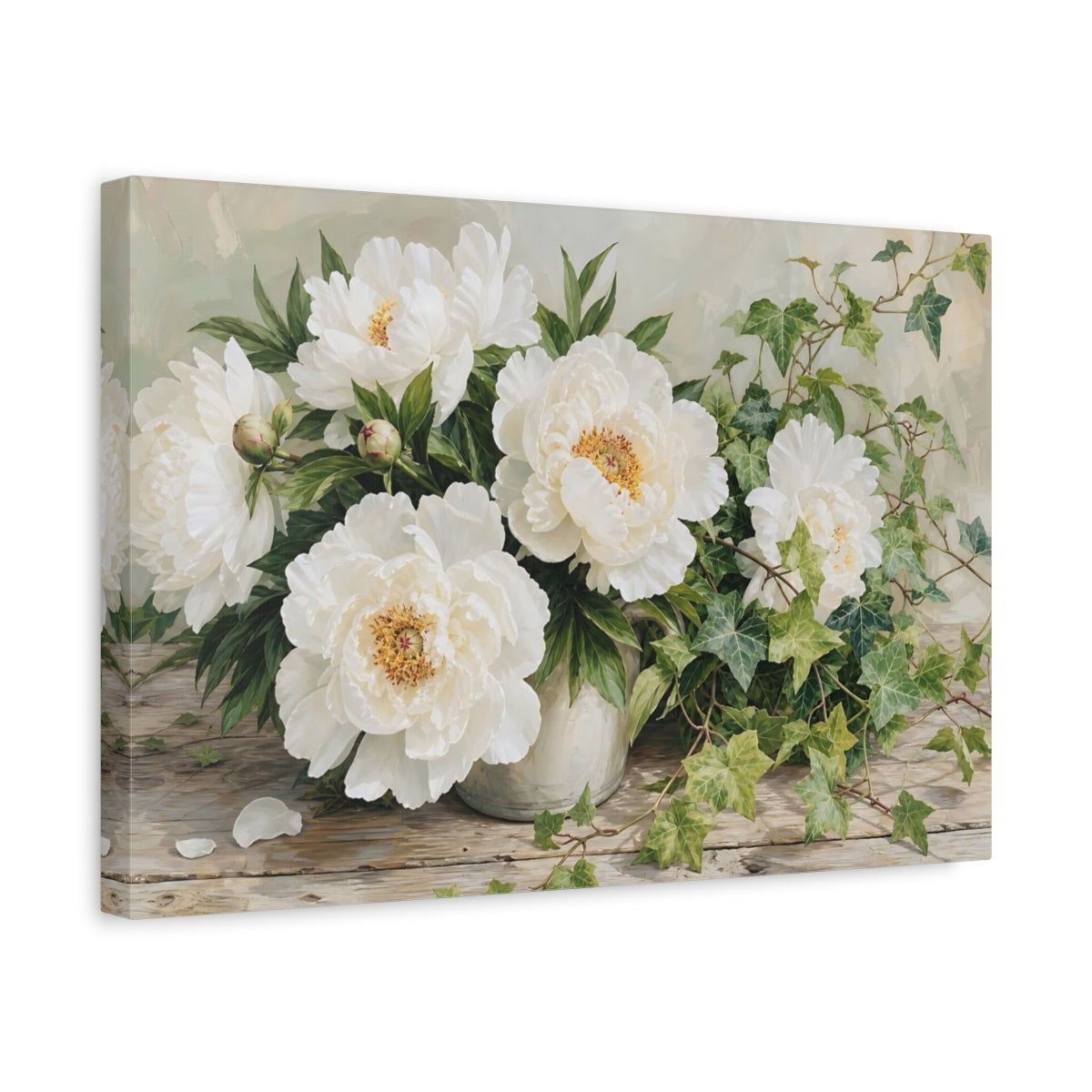 Side Mockup 4. Floral Peonies White Peonies shown as stretched canvas wall art