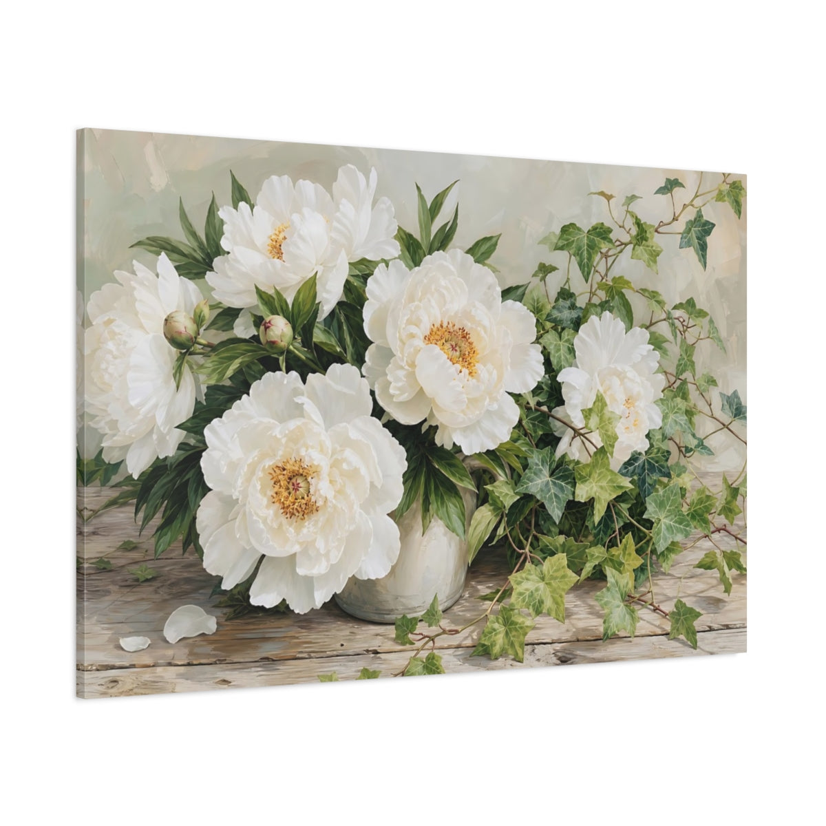 Side Mockup 1. Floral Peonies White Peonies shown as stretched canvas wall art