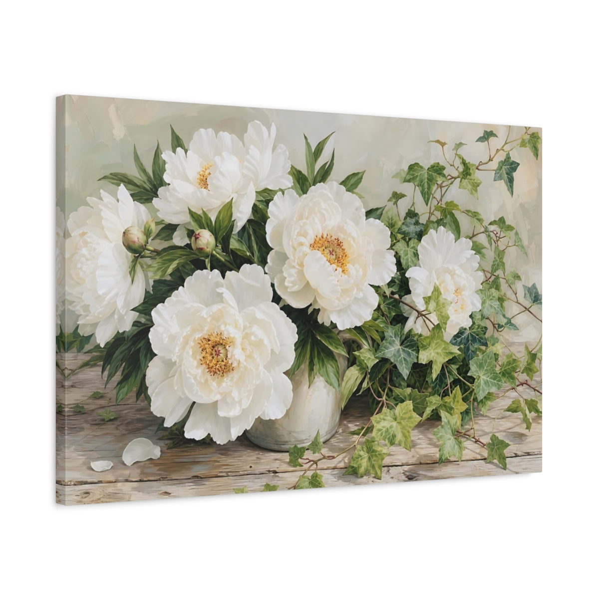 Side Mockup 2. Floral Peonies White Peonies shown as stretched canvas wall art
