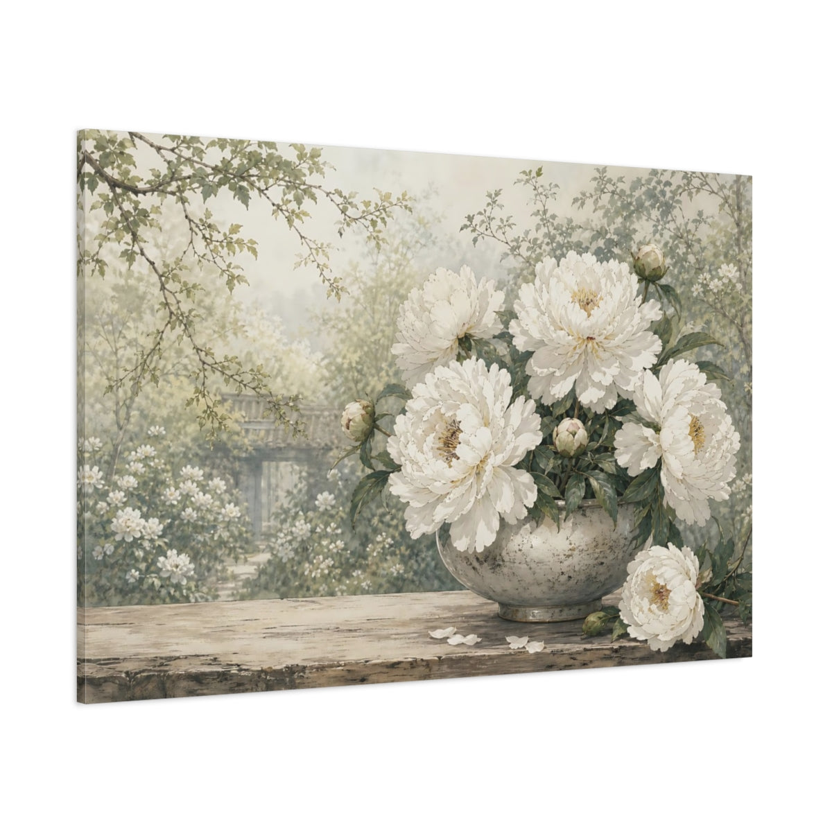 Side Mockup 1. Floral Peonies White Peony Garden shown as stretched canvas wall art