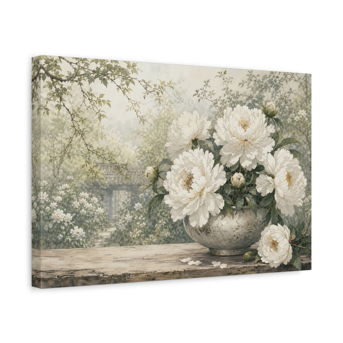 Side Mockup 4. Floral Peonies White Peony Garden shown as stretched canvas wall art