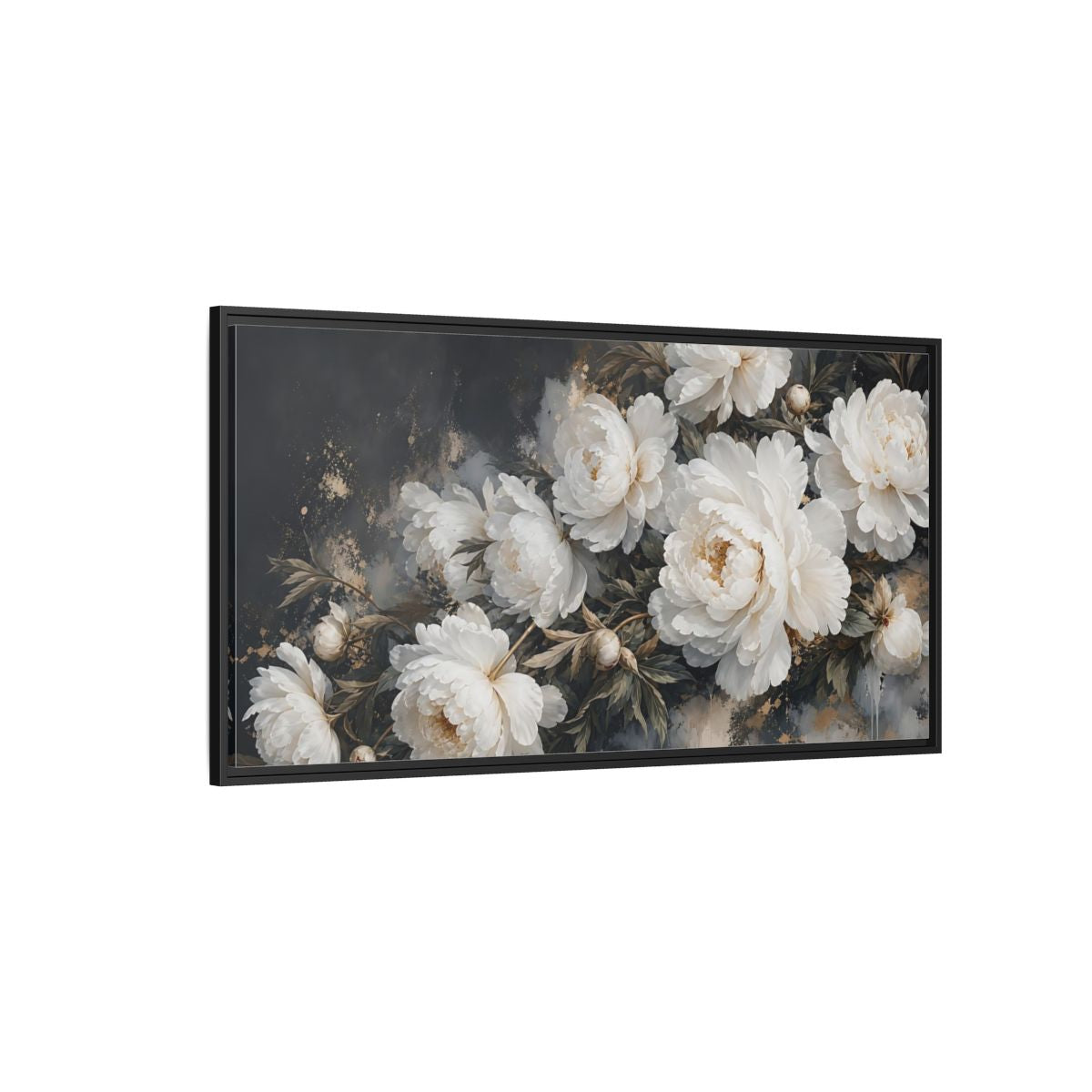 Side Mockup 5. Floral Peonies White Peonies Gold shown as stretched canvas wall art