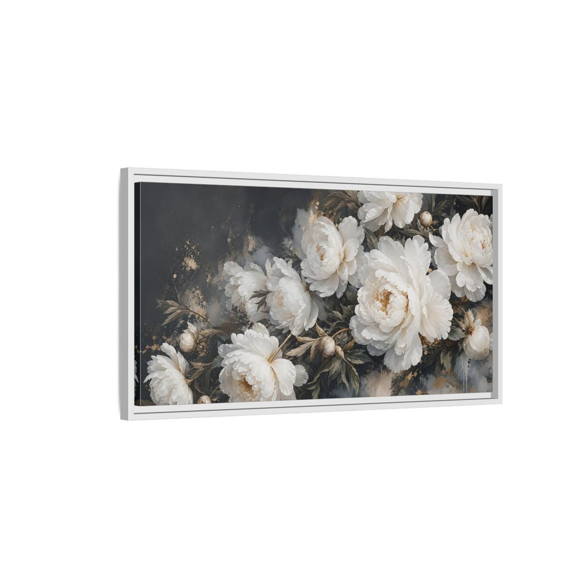Side Mockup 1. Floral Peonies White Peonies Gold shown as stretched canvas wall art