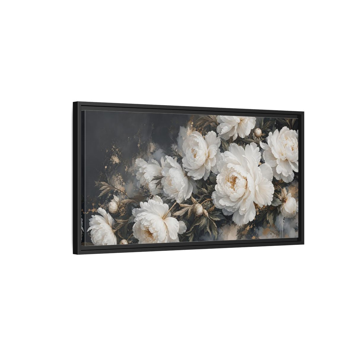 Side Mockup 2. Floral Peonies White Peonies Gold shown as stretched canvas wall art