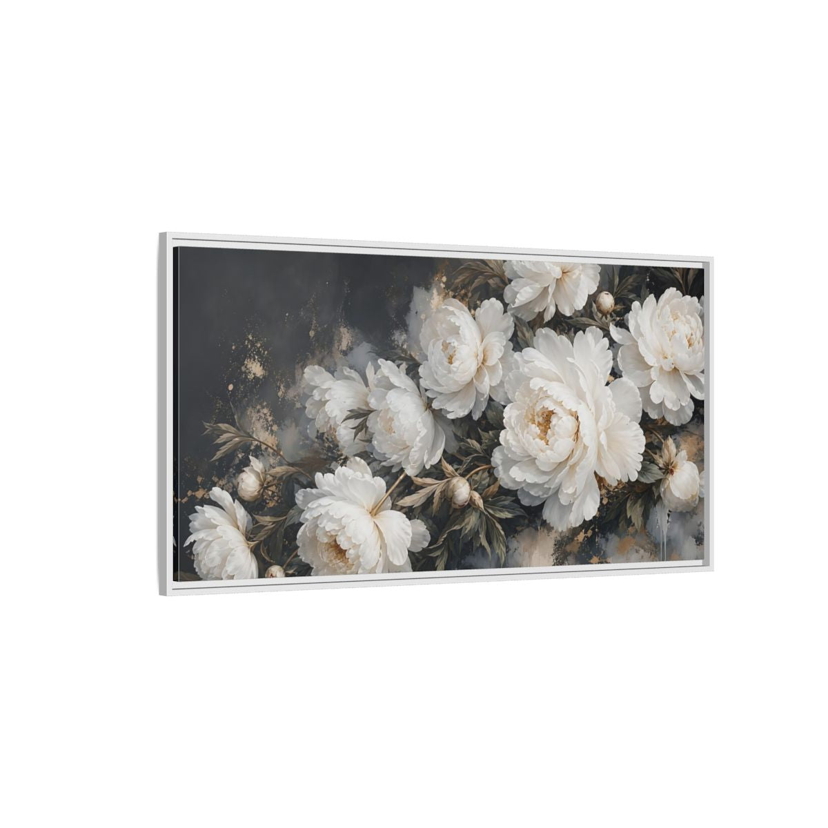 Side Mockup 3. Floral Peonies White Peonies Gold shown as stretched canvas wall art