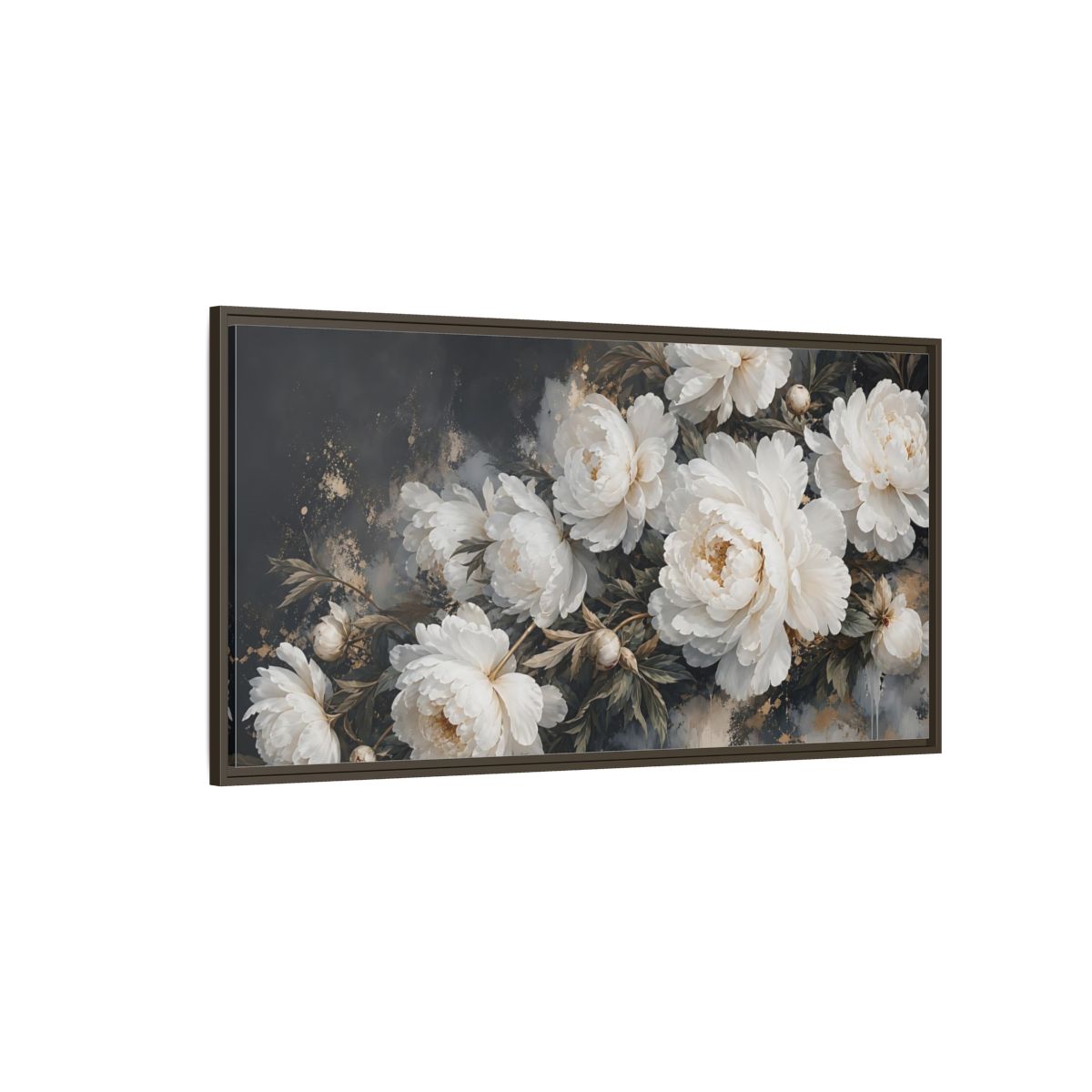 Side Mockup 4. Floral Peonies White Peonies Gold shown as stretched canvas wall art