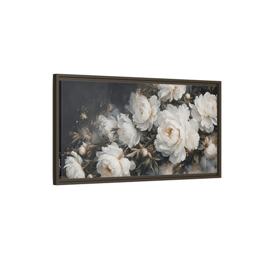 Main Mockup. Floral Peonies White Peonies Gold shown as stretched canvas wall art