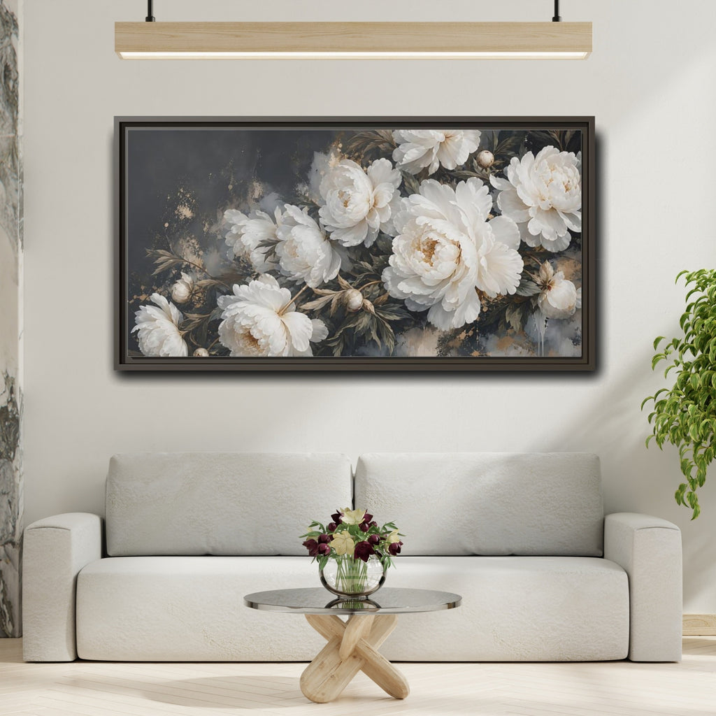 Mockup 2. Floral Peonies White Peonies Gold shown as stretched canvas wall art