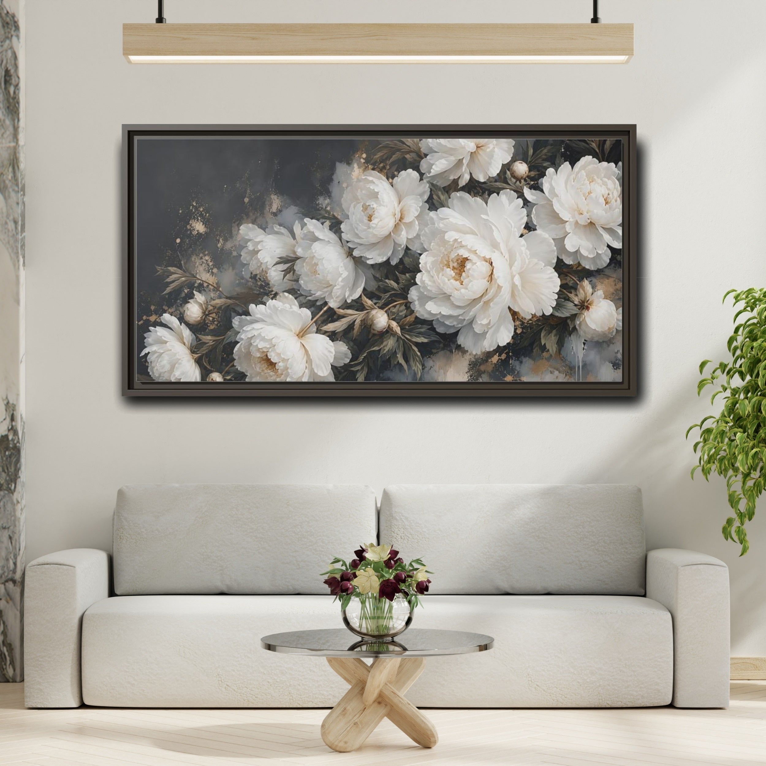 Mockup 2. Floral Peonies White Peonies Gold shown as stretched canvas wall art