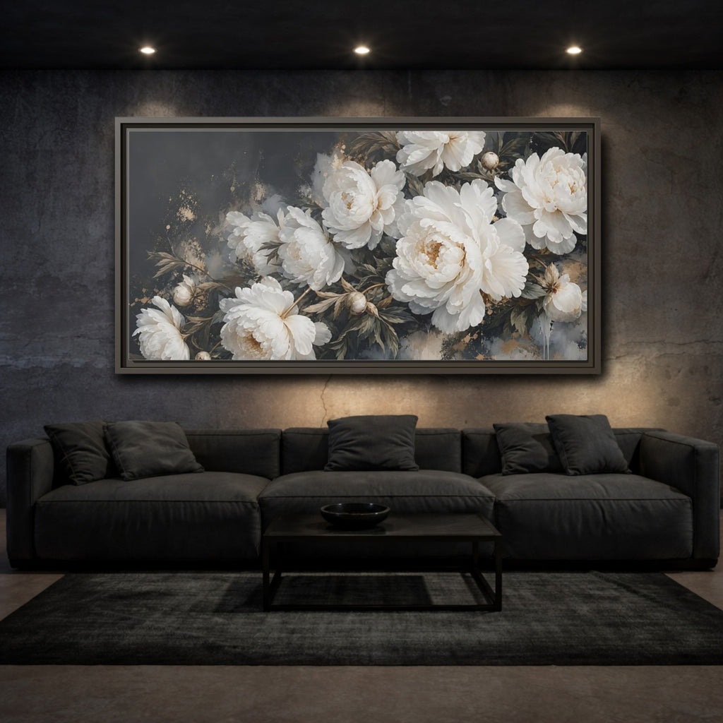 Mockup 3. Floral Peonies White Peonies Gold shown as stretched canvas wall art