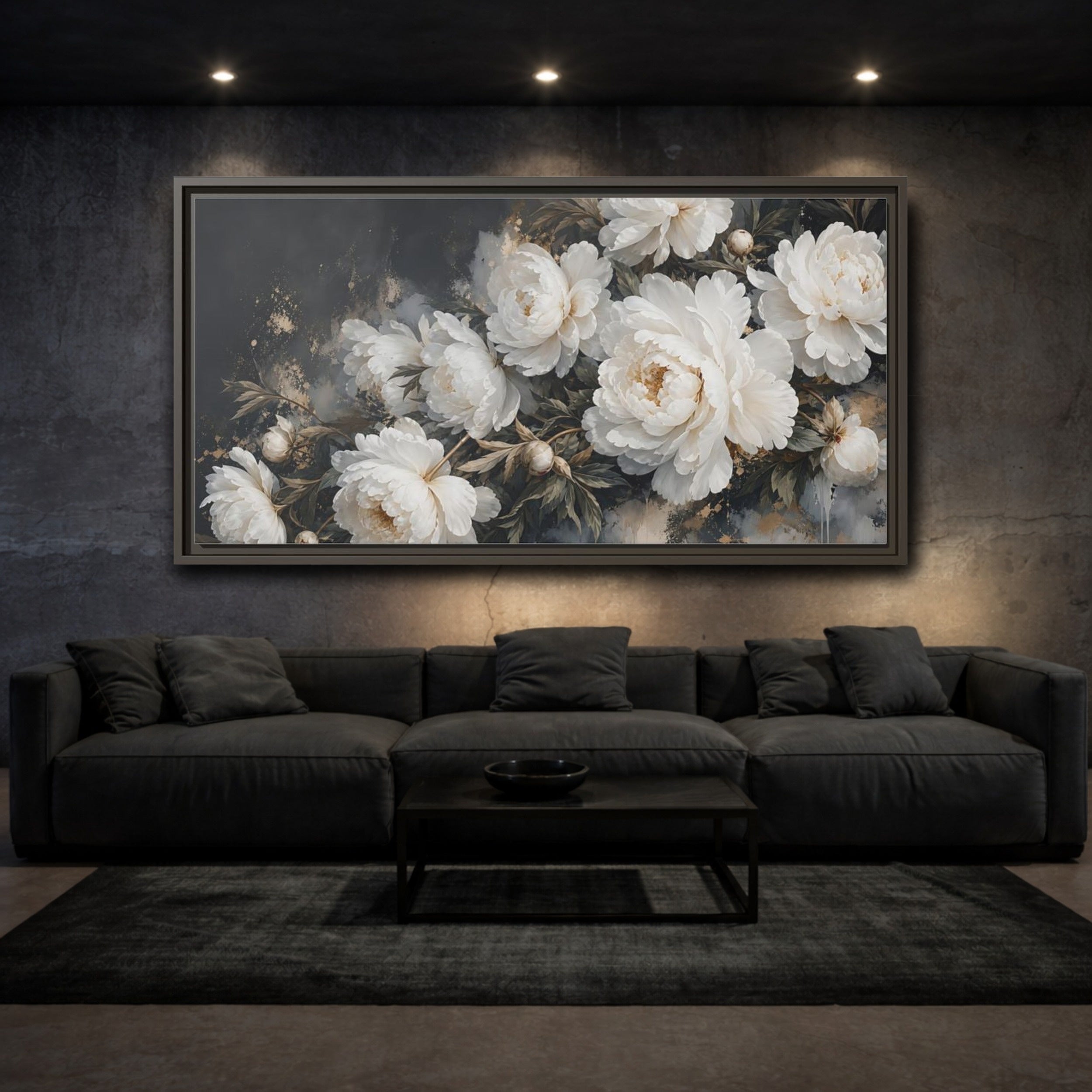 Mockup 3. Floral Peonies White Peonies Gold shown as stretched canvas wall art