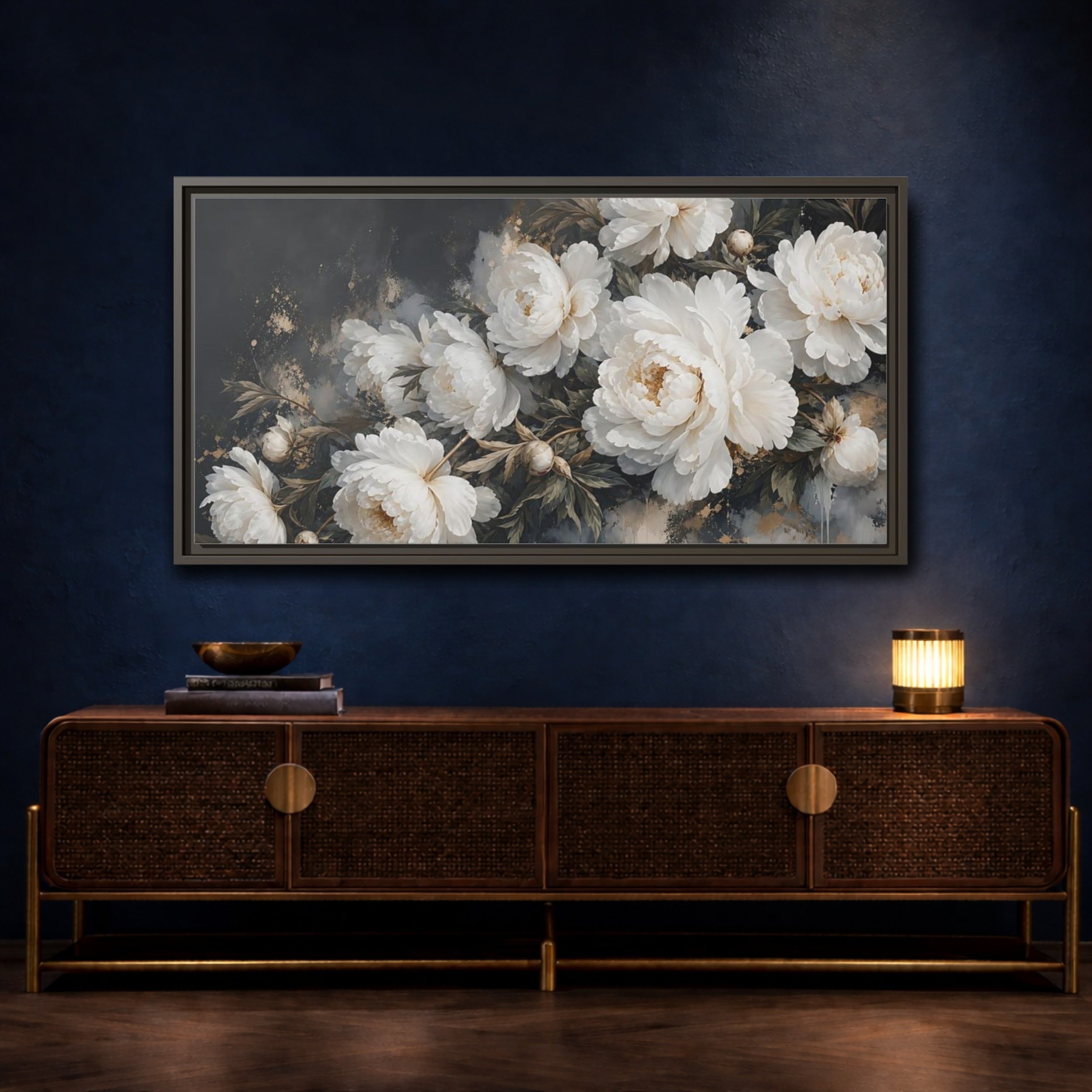 Mockup 4. Floral Peonies White Peonies Gold shown as stretched canvas wall art