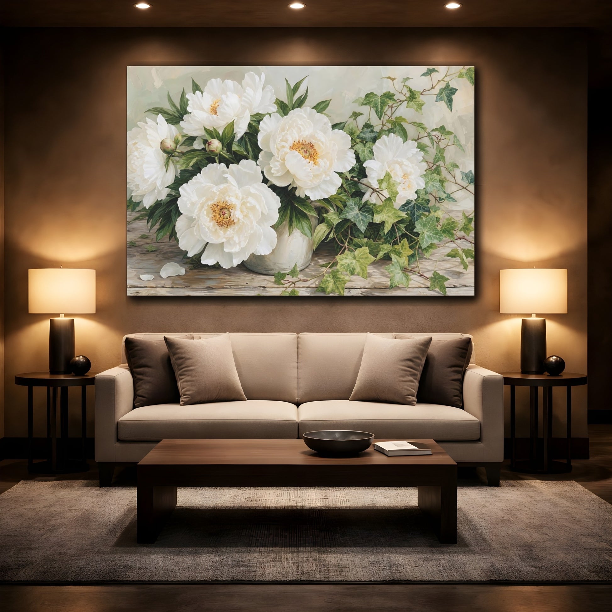 Mockup 2. Floral Peonies White Peonies shown as stretched canvas wall art