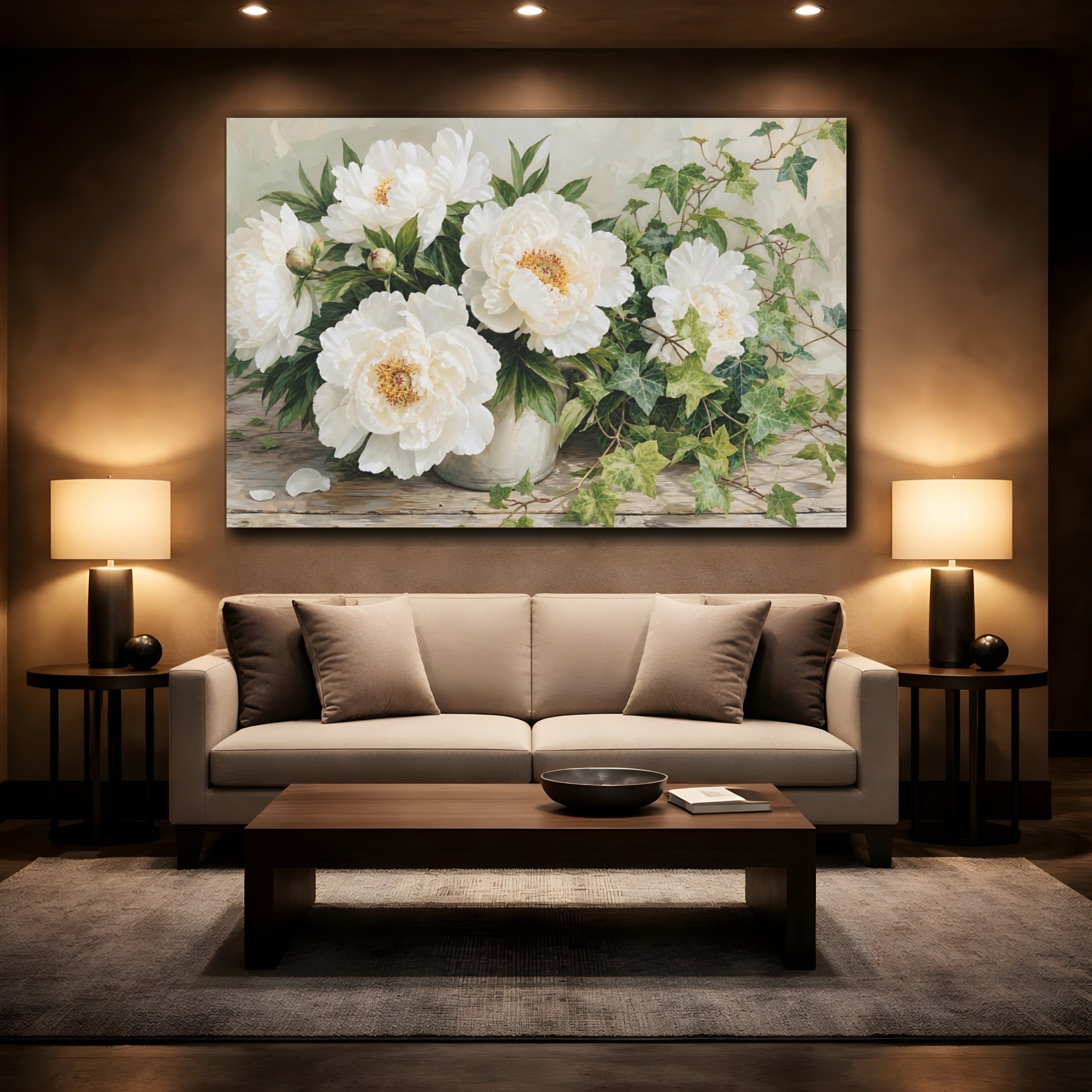 Mockup 2. Floral Peonies White Peonies shown as stretched canvas wall art