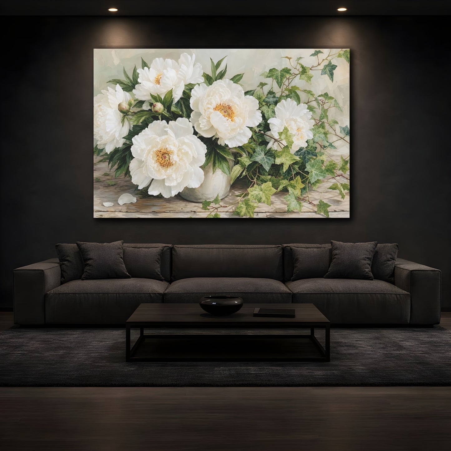 Mockup 3. Floral Peonies White Peonies shown as stretched canvas wall art
