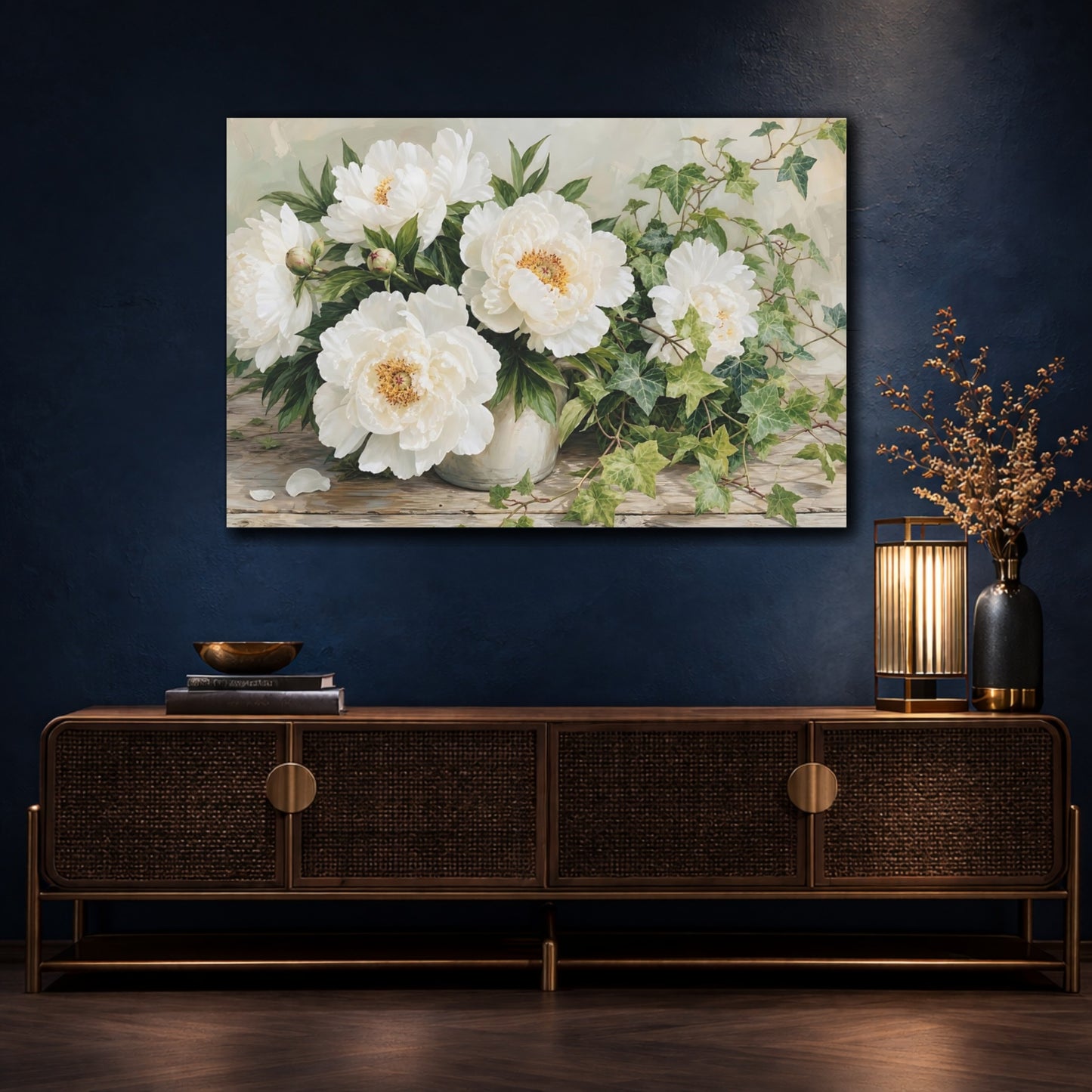 Mockup 4. Floral Peonies White Peonies shown as stretched canvas wall art