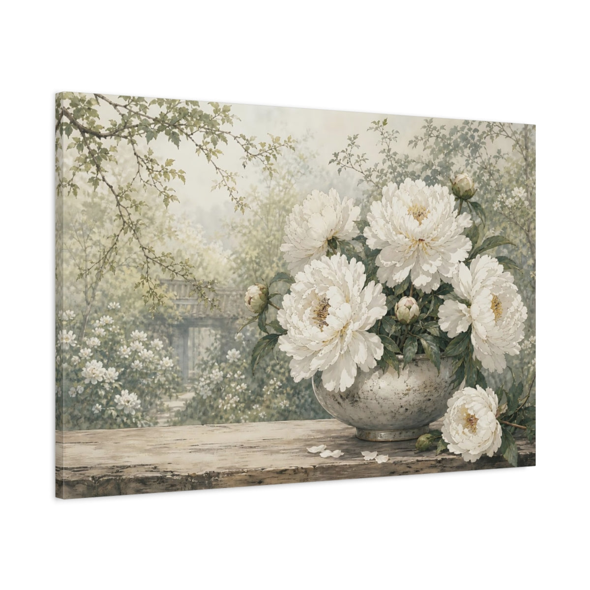 Main Mockup. Floral Peonies White Peony Garden shown as stretched canvas wall art