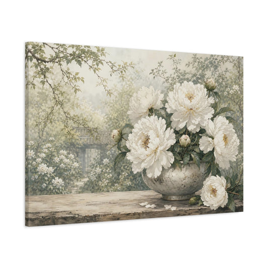 Main Mockup. Floral Peonies White Peony Garden shown as stretched canvas wall art