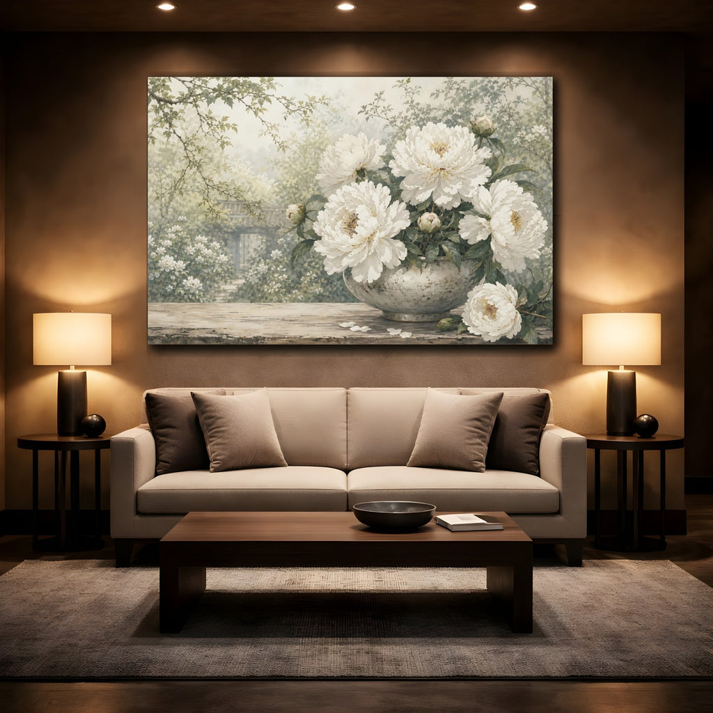 Mockup 2. Floral Peonies White Peony Garden shown as stretched canvas wall art