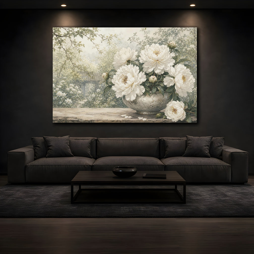 Mockup 3. Floral Peonies White Peony Garden shown as stretched canvas wall art