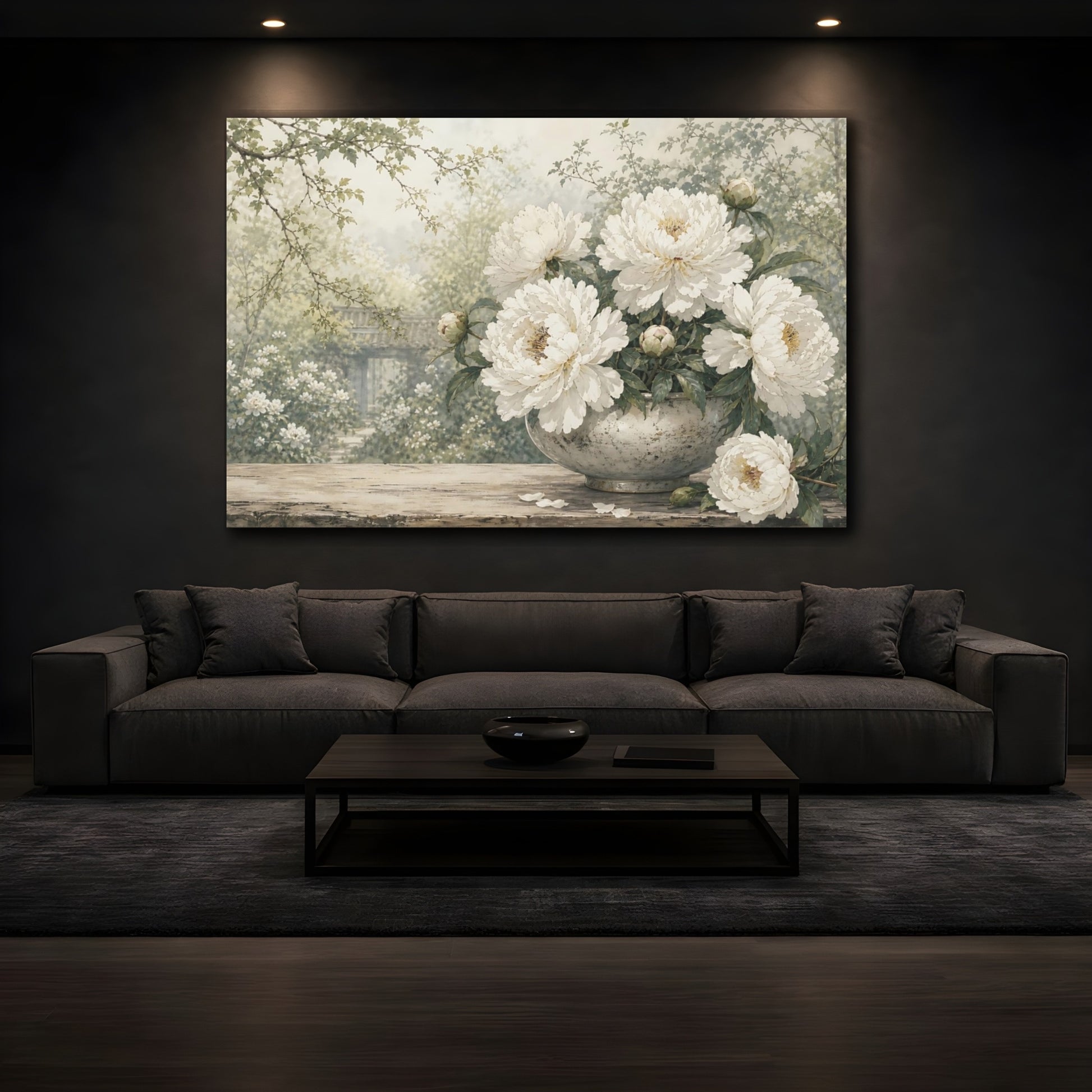 Mockup 3. Floral Peonies White Peony Garden shown as stretched canvas wall art