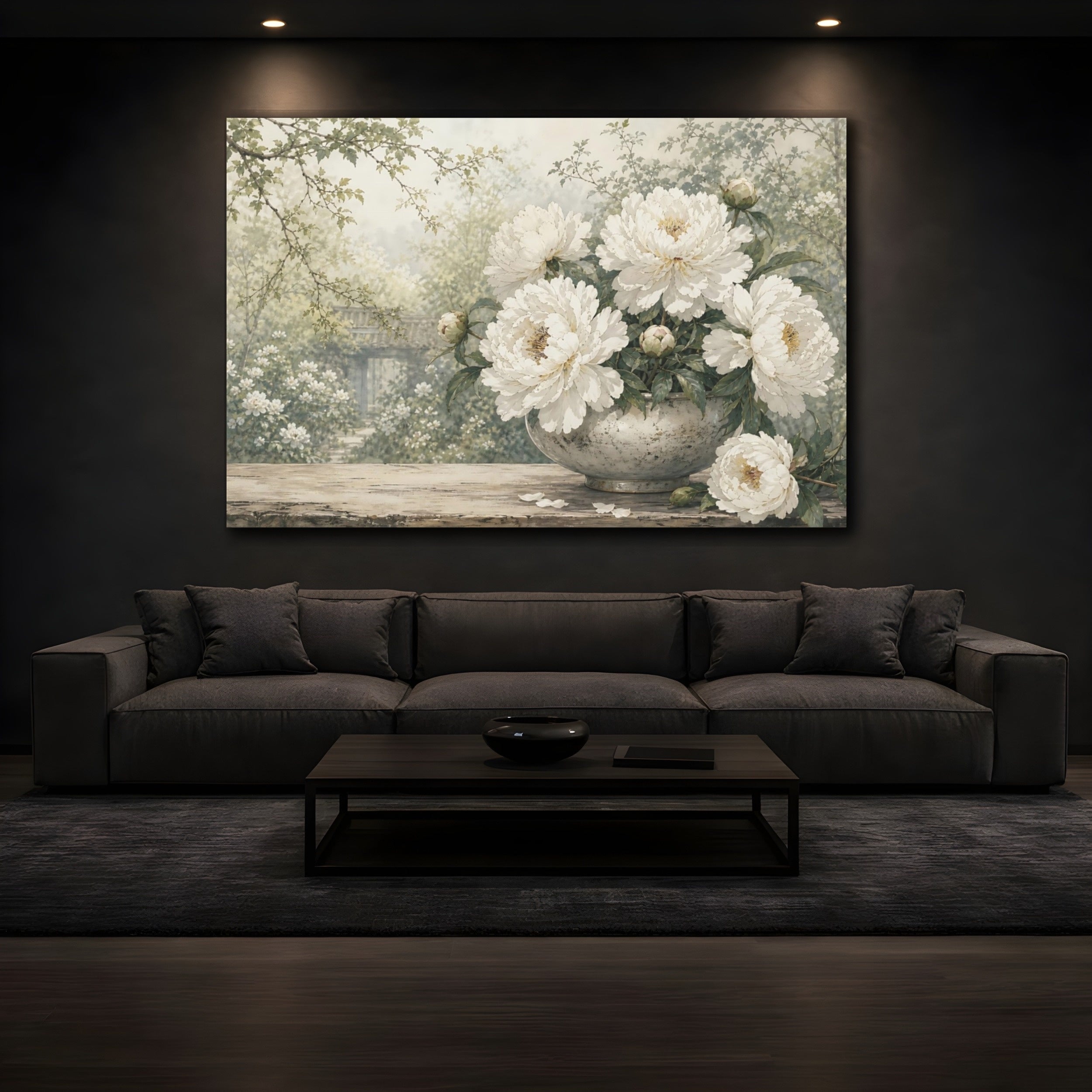 Mockup 3. Floral Peonies White Peony Garden shown as stretched canvas wall art