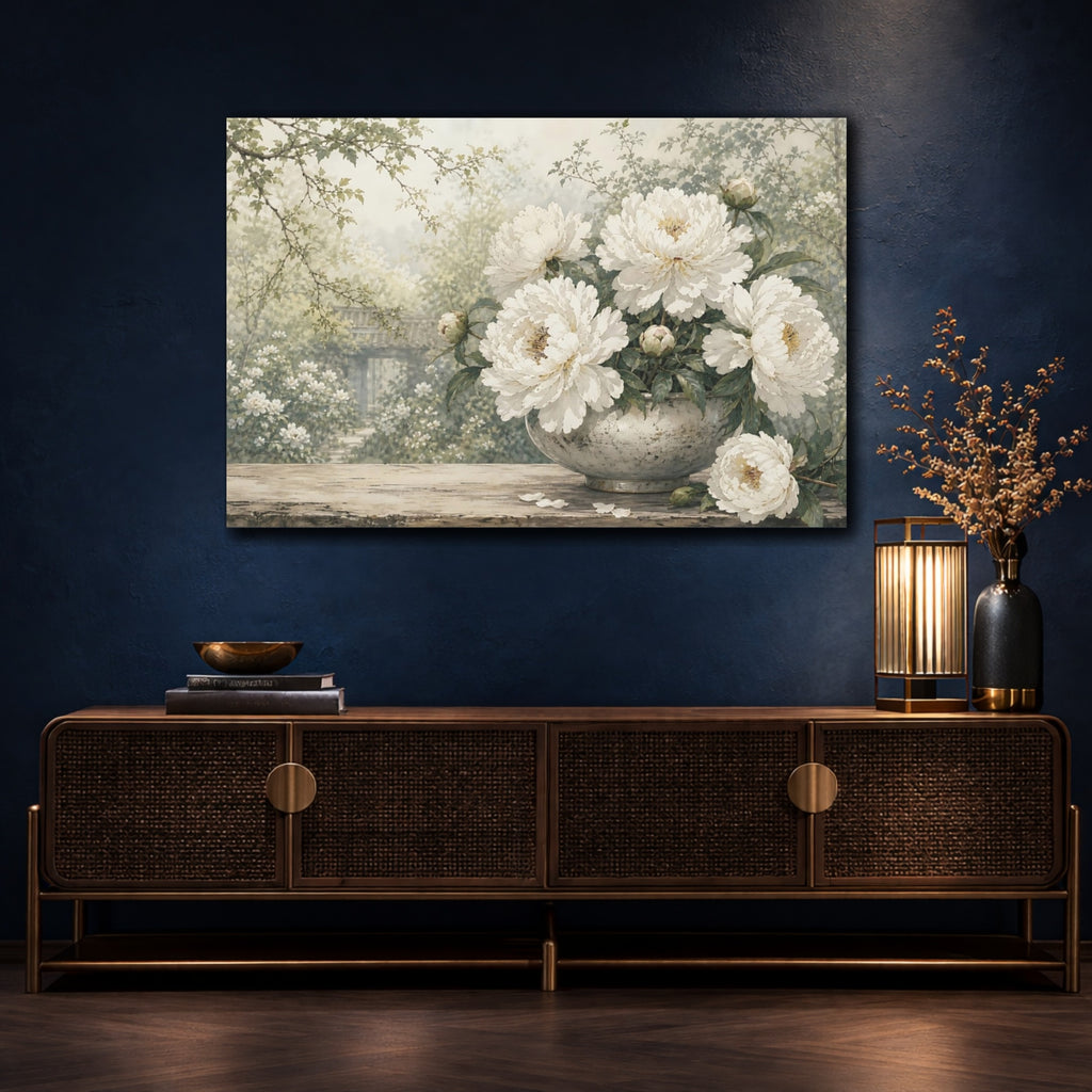 Mockup 4. Floral Peonies White Peony Garden shown as stretched canvas wall art