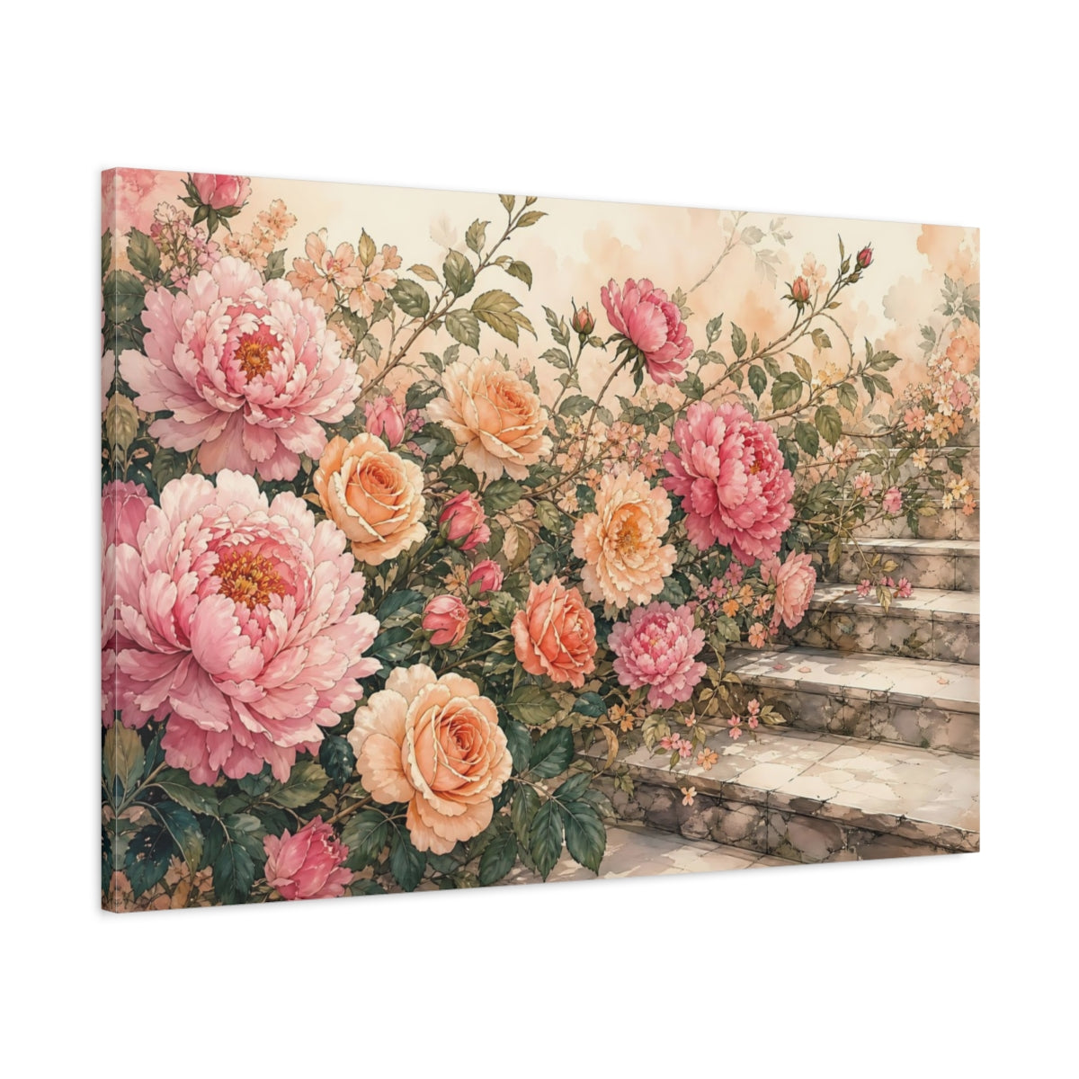 Main Mockup. Floral Peonies, Roses Pink Peach Floral shown as stretched canvas wall art