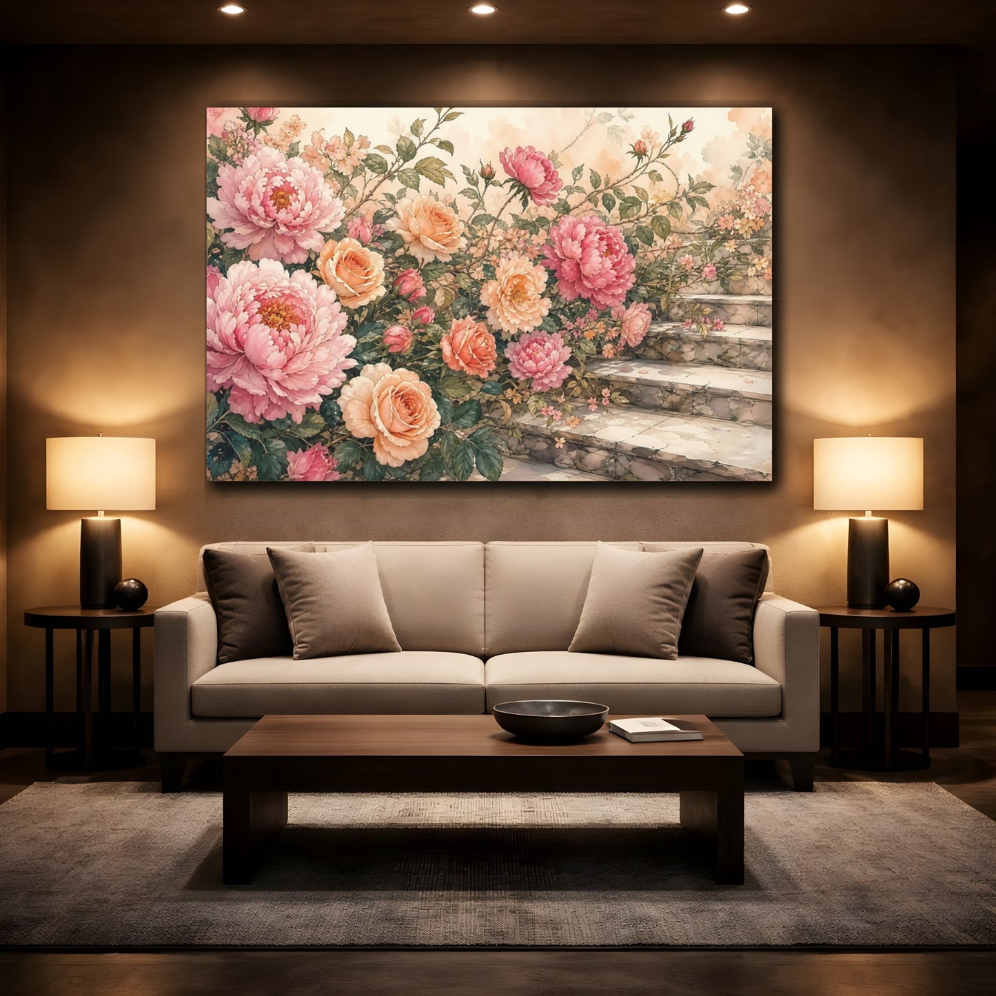 Mockup 2. Floral Peonies, Roses Pink Peach Floral shown as stretched canvas wall art