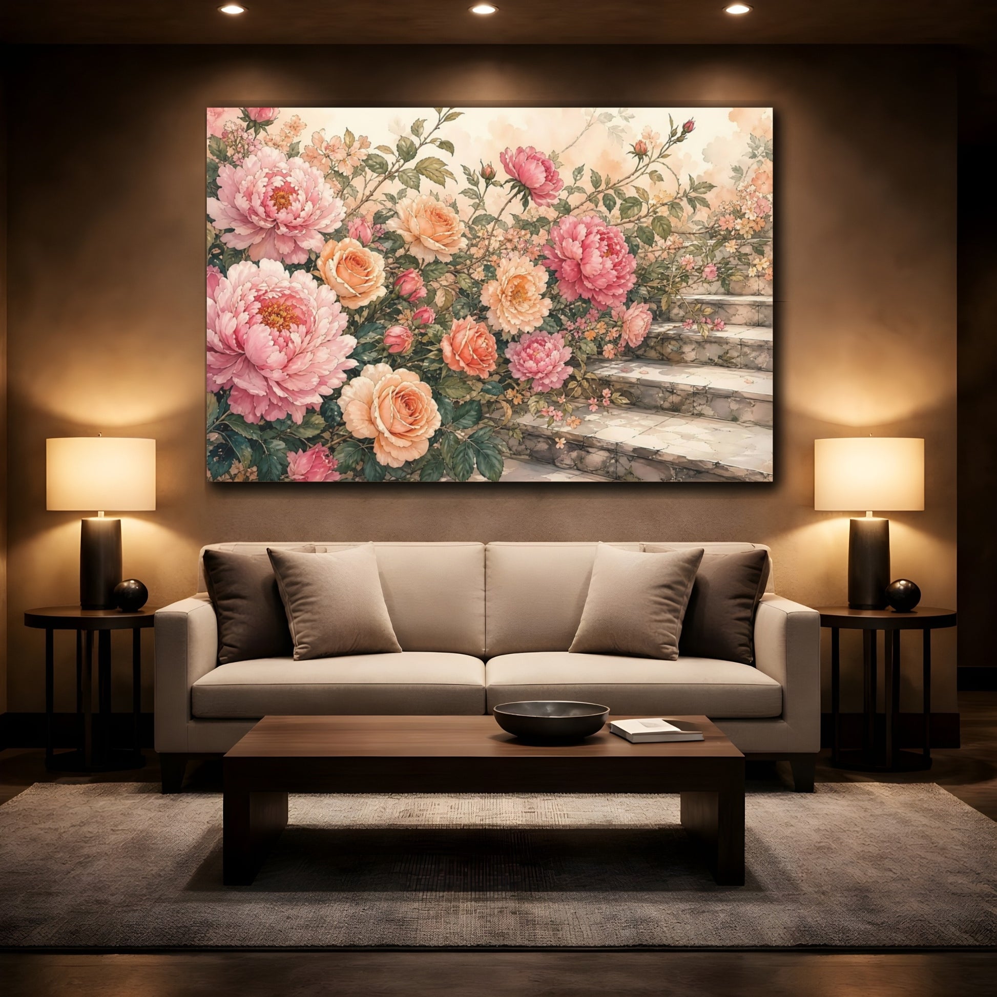 Mockup 2. Floral Peonies, Roses Pink Peach Floral shown as stretched canvas wall art