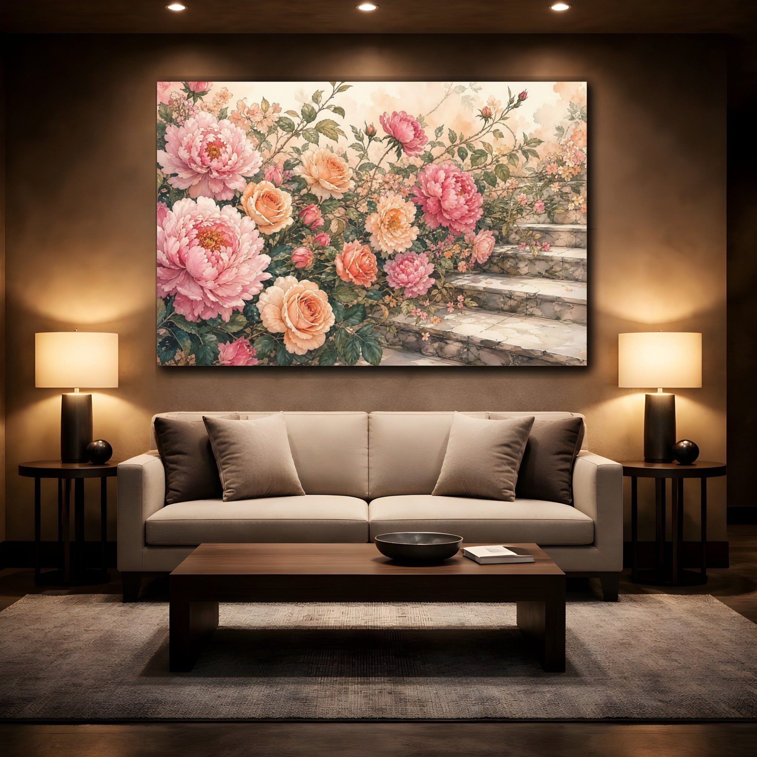 Mockup 2. Floral Peonies, Roses Pink Peach Floral shown as stretched canvas wall art