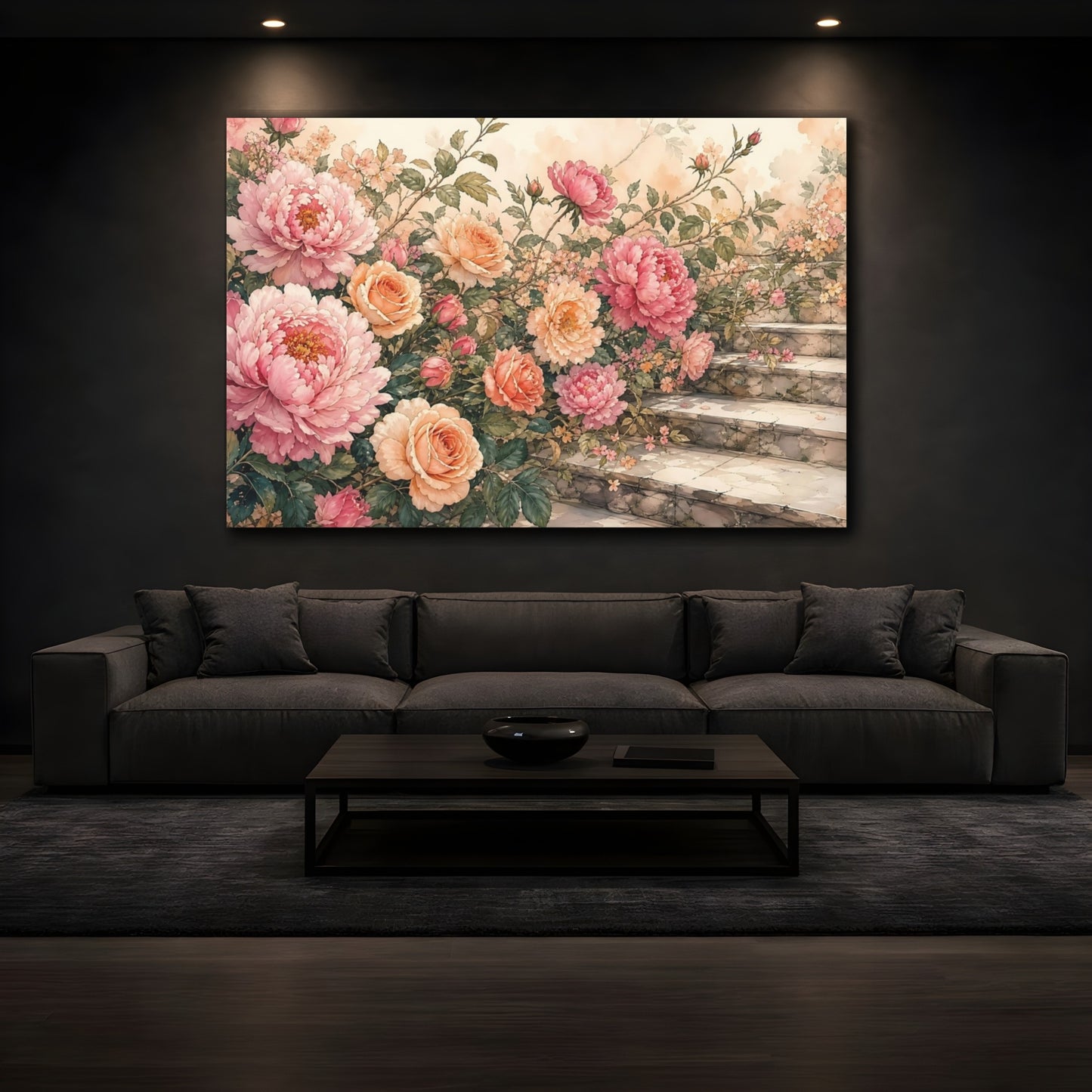 Mockup 3. Floral Peonies, Roses Pink Peach Floral shown as stretched canvas wall art