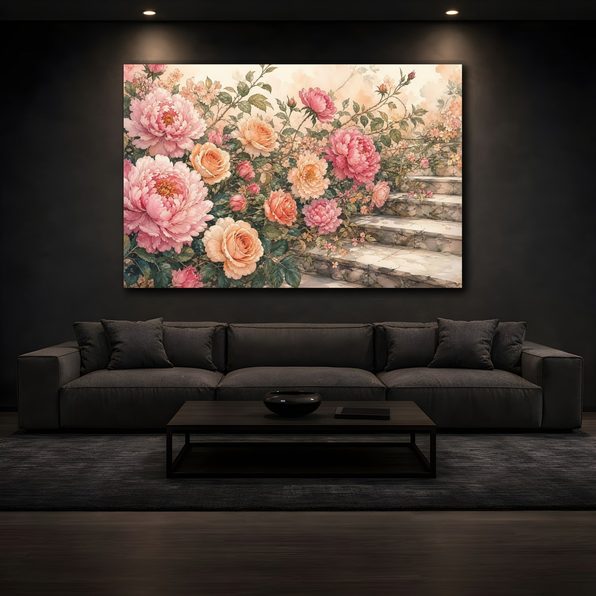 Mockup 3. Floral Peonies, Roses Pink Peach Floral shown as stretched canvas wall art