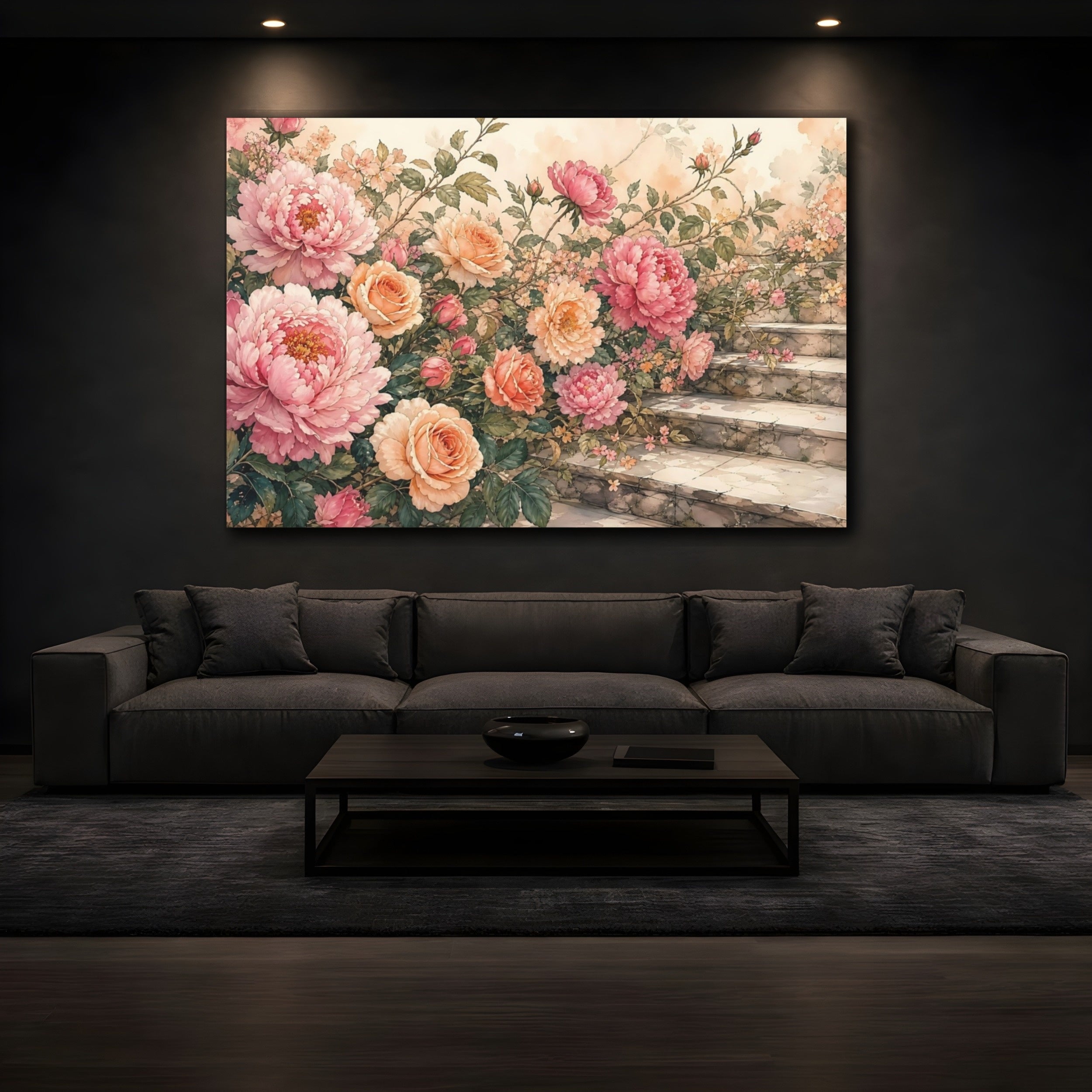 Mockup 3. Floral Peonies, Roses Pink Peach Floral shown as stretched canvas wall art
