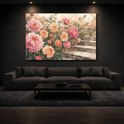 Mockup 3. Floral Peonies, Roses Pink Peach Floral shown as stretched canvas wall art